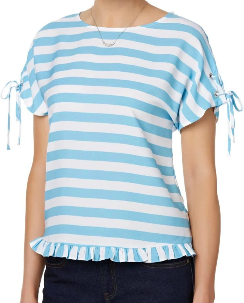 Coastal Women's Top Turquoise Blue/White Striped Ruffle Trim Ties Beach Vibe XXL